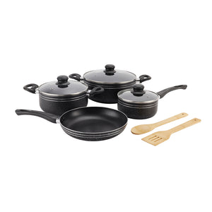 Royalford  RF11759 9 PCS Non-Stick Cookware Set | PFOA-Free Granite Coating| Strong Aluminium Body| Fast-Heating CD Bottom| Tempered Glass Lids & Essential Kitchen Tools