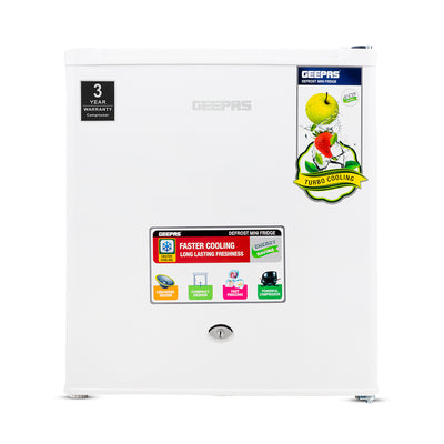 Geepas GRF654WPEN Defrost Mini Fridge | 60L Net Capacity | Compact Refrigerator | Fast cooling performance |Turbo cooling technology |Low-noise operation | Eco-friendly