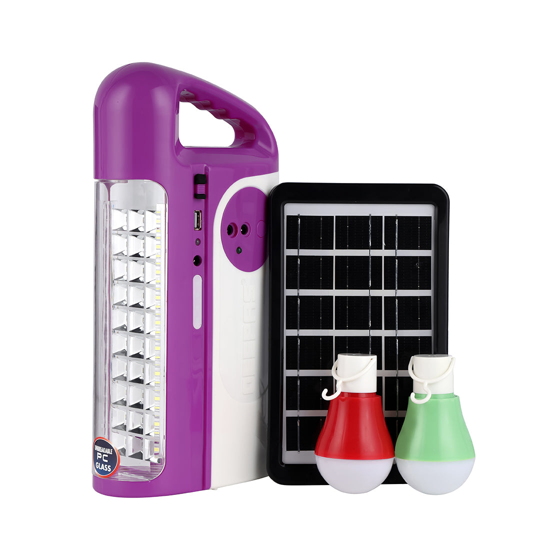 Geepas GE53035 Rechargeable LED Lantern with Solar Panel | 30 SMD LED Emergency Light | 2 LED Bulbs | USB Mobile Charging |Automatic Lighting During Power Failure