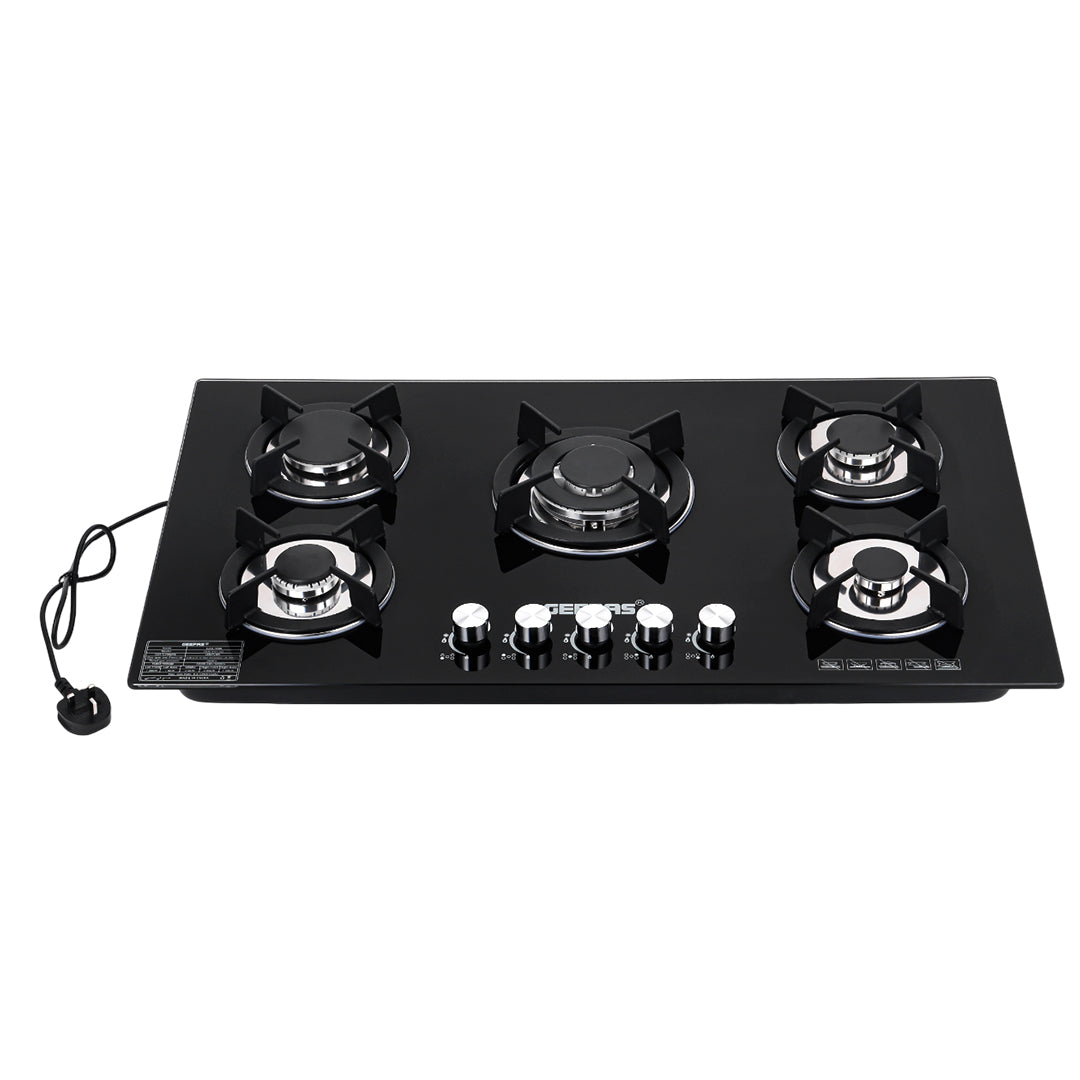 Geepas Glass Gas Hob GGC31011 | 5 Burner Gas Stove with Auto Ignition| Toughened Glass Surface| Cast Iron Pan Support & Powerful Triple Ring Wok Burner| 2 Years Warranty