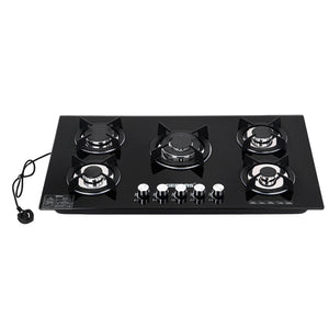 Geepas Glass Gas Hob GGC31011 | 5 Burner Gas Stove with Auto Ignition| Toughened Glass Surface| Cast Iron Pan Support & Powerful Triple Ring Wok Burner| 2 Years Warranty