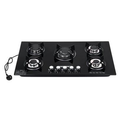 Geepas Glass Gas Hob GGC31011 | 5 Burner Gas Stove with Auto Ignition| Toughened Glass Surface| Cast Iron Pan Support & Powerful Triple Ring Wok Burner| 2 Years Warranty