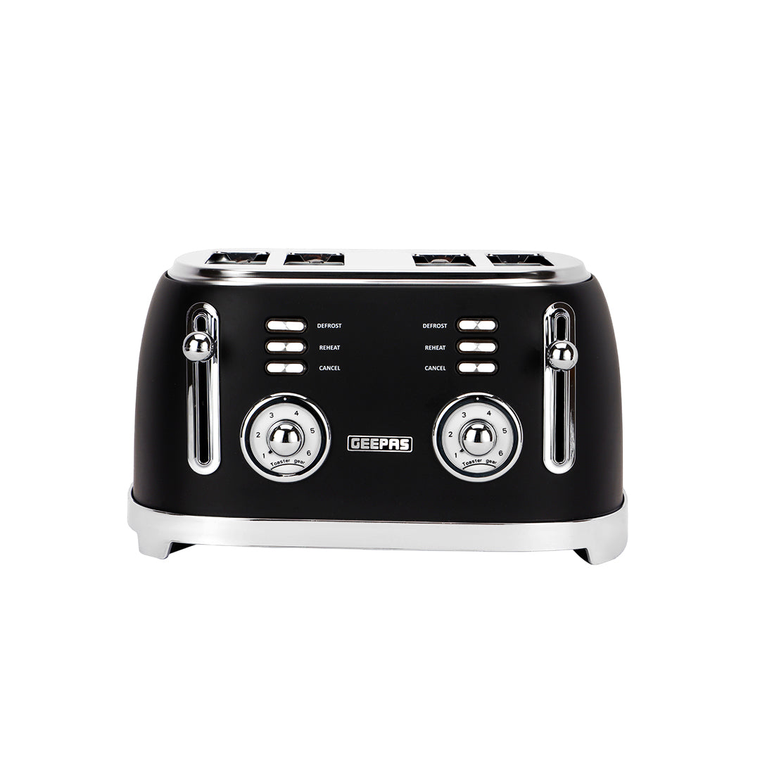 Geepas GBT36564UK-BK 4 Slice Toaster | Powerful 1500W Metal Body | 6 Browning Levels | Removable Crumb Tray | Defrost, Reheat & Cancel Functions with Cord Storage