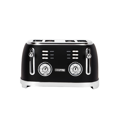 Geepas GBT36564UK-BK 4 Slice Toaster | Powerful 1500W Metal Body | 6 Browning Levels | Removable Crumb Tray | Defrost, Reheat & Cancel Functions with Cord Storage