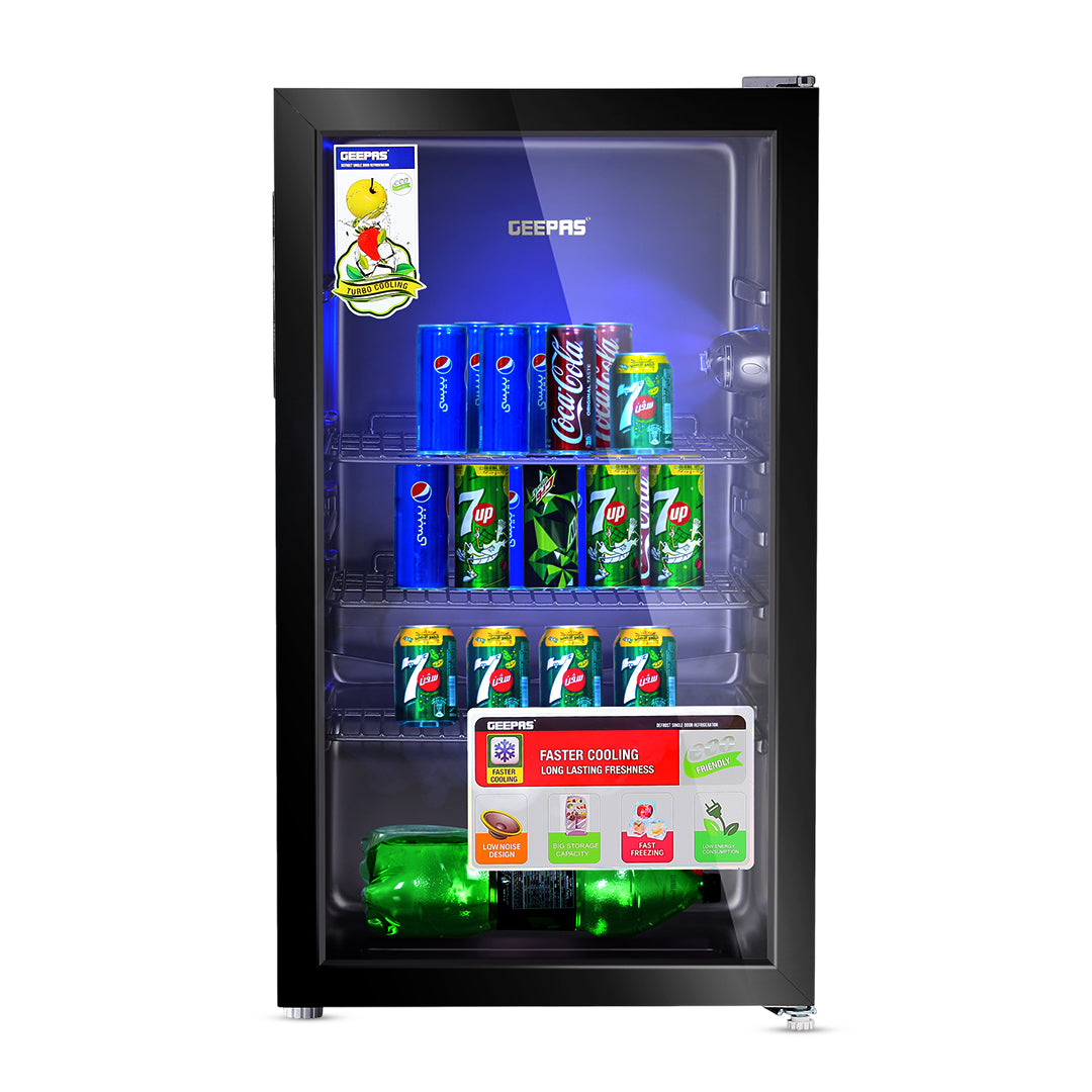 Geepas GSC1223  Showcase Chiller | Single Door Display Fridge | Low Noise, Quick Cooling | LED Light | Black Finish | Energy Efficient Beverage Cooler | 1 Year Warranty