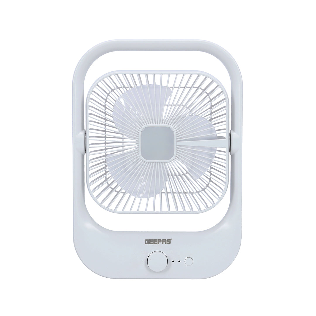 Geepas GF21162 8” Rechargeable Fan with LED Light | 2-Speed Powerful Airflow | Built-in Battery for Power Backup | Portable Design | Adjustable Tilt | 2 Years Warranty