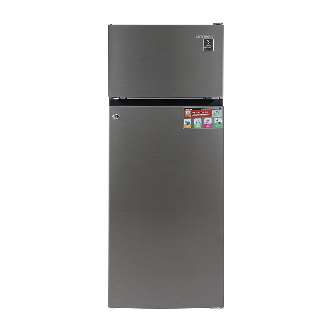 Geepas GRF2400SXE 240L Double Door Defrost Refrigerator | 205L Net Capacity | tropical compressor | Adjustable thermostat |3 durable tempered glass shelves |interior lamp
