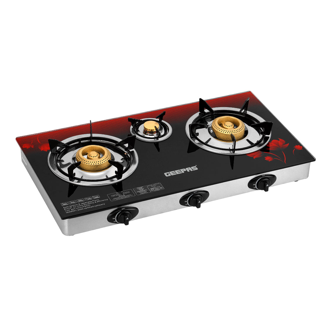 Geepas 3 Burner Gas Cooker GGC31012 |Stainless Steel Frame & Tray, Tempered Glass Top, Iron Burners 100+40+100mm, Auto Piezo Ignition, Low Gas Consumption, 2Year Warranty
