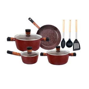 Royalford RF12491 Granite Coated Cookware Set 10 PCS with Lids | Induction Compatible Forged Aluminium Pots, Saucepan, Frypan & Nylon Cooking Tools | Ideal For Daily Use