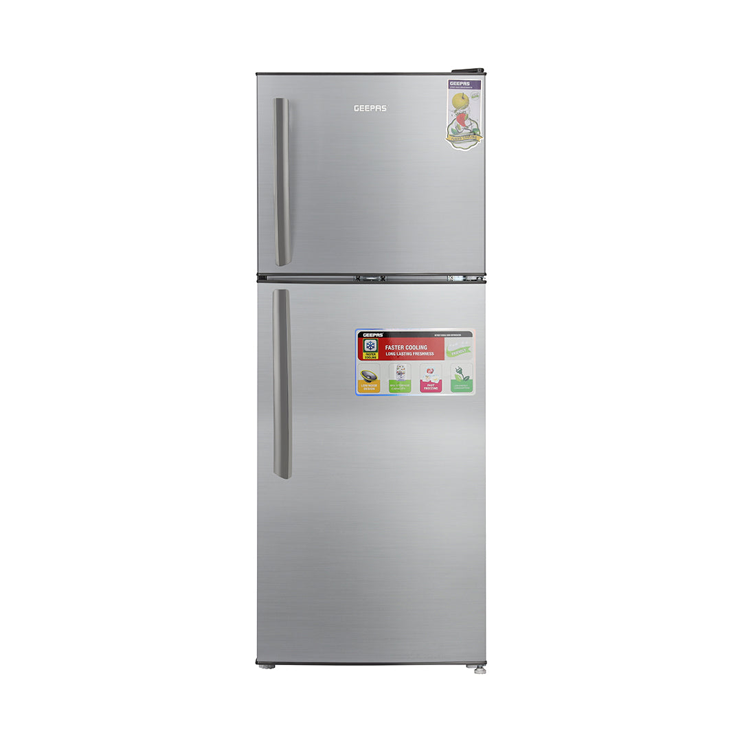 Geepas GRF2209SXE 200L Double Door Defrost Refrigerator | Instant Cooling |138L Net Capacity | Adjustable temperature control | tempered glass shelves | R600a refrigerant