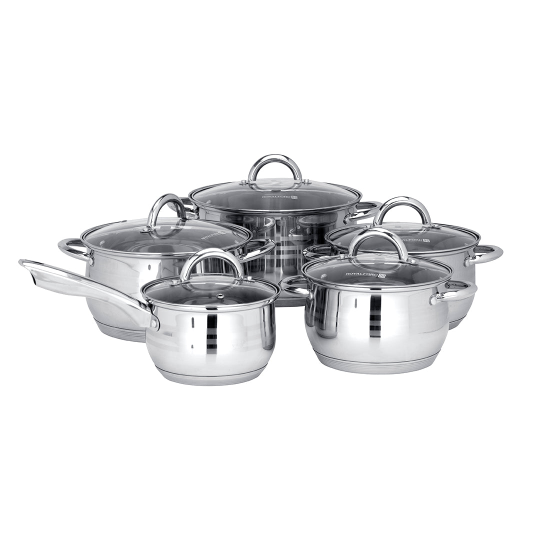 Royalford RF10390 10-Piece Stainless Steel Cookware Set with Glass Lids| Induction Compatible Encapsulated Base| Heavy-Duty Riveted Handles & Durable Satin Finish Design