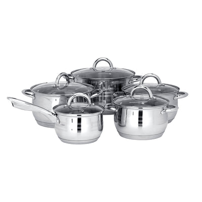 Royalford RF10390 10-Piece Stainless Steel Cookware Set with Glass Lids| Induction Compatible Encapsulated Base| Heavy-Duty Riveted Handles & Durable Satin Finish Design