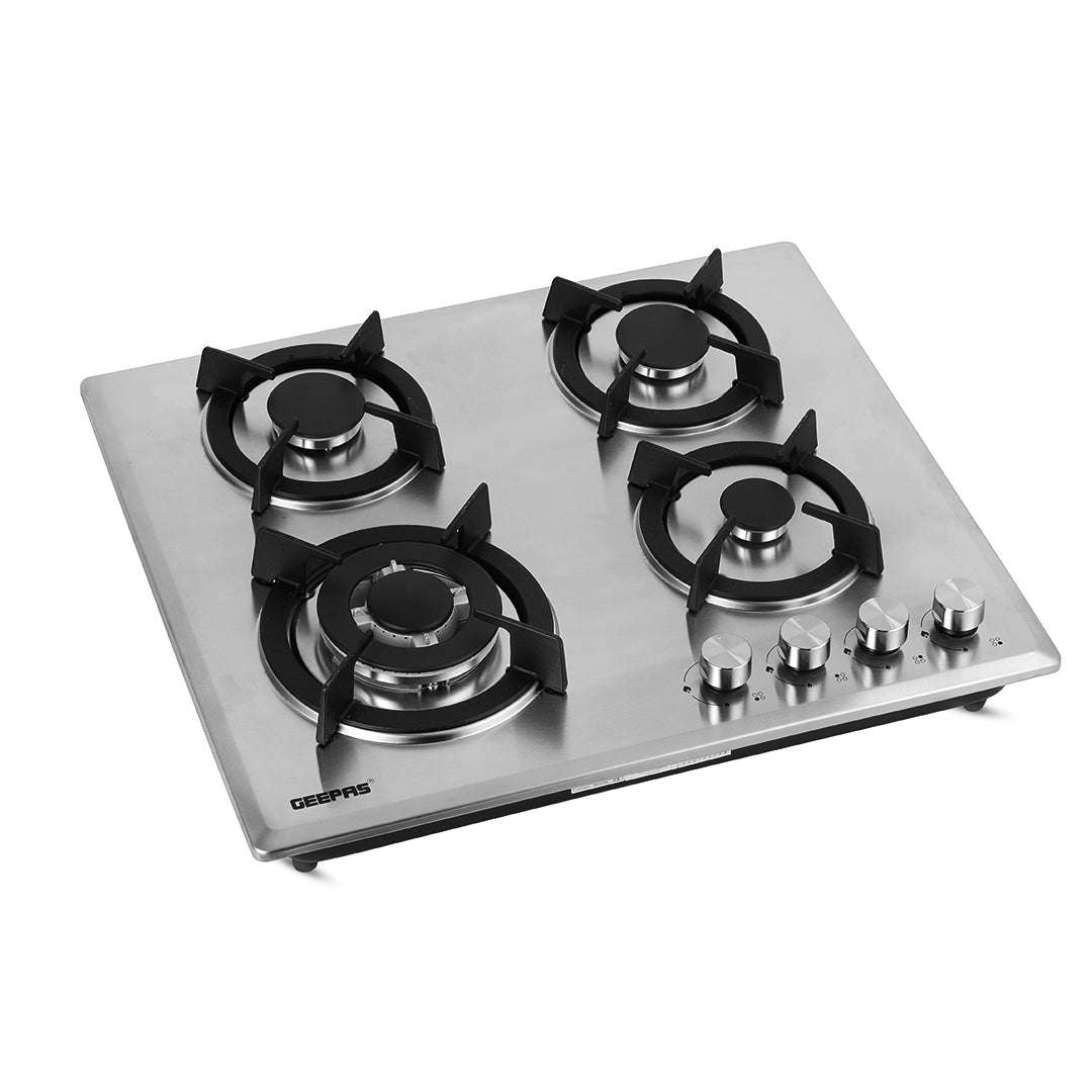 Geepas Built-In Gas Hob GGC31026 | 4 Burner Stainless Steel Gas Stove with Auto Ignition| Durable Cast Iron Pan Support | Easy-to-Clean Design & 2 Years Warranty