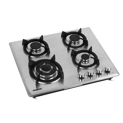Geepas Built-In Gas Hob GGC31026 | 4 Burner Stainless Steel Gas Stove with Auto Ignition| Durable Cast Iron Pan Support | Easy-to-Clean Design & 2 Years Warranty