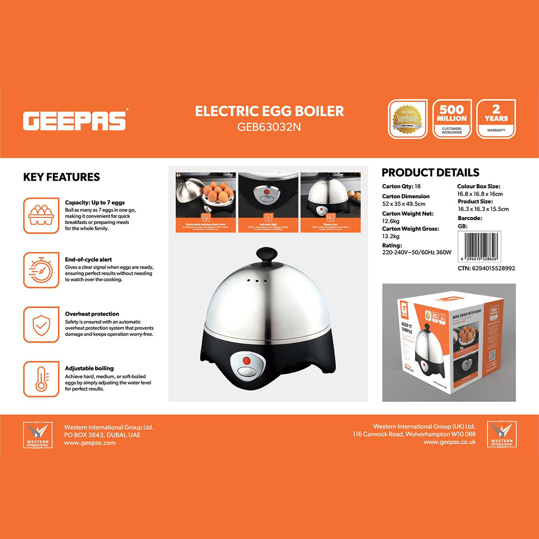Geepas GEB63032UK Electric Egg Boiler | 7 Egg Capacity | 360W Egg Cooker | End-of-cycle alert signals  | Automatic overheat protection | Durable stainless-steel lid