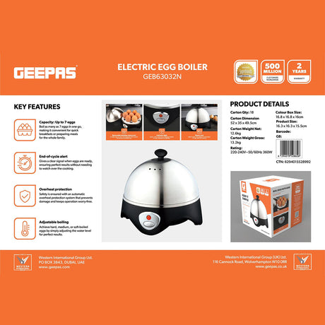 Geepas GEB63032UK Electric Egg Boiler | 7 Egg Capacity | 360W Egg Cooker | End-of-cycle alert signals  | Automatic overheat protection | Durable stainless-steel lid