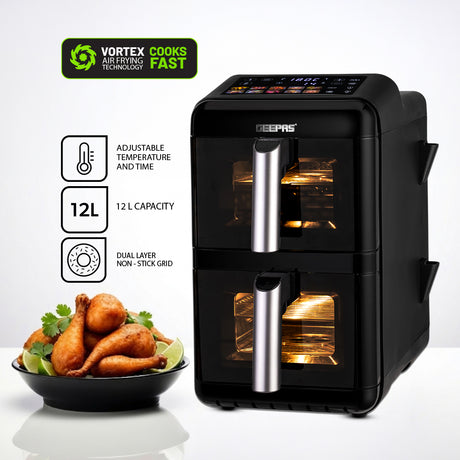 Geepas GAF37548 2800W Dual Basket Digital Air Fryer | 12L Capacity | Dual 6L Baskets| Vortex Rapid Air Technology | 10 Preset Cooking Modes |  Touch Control Panel