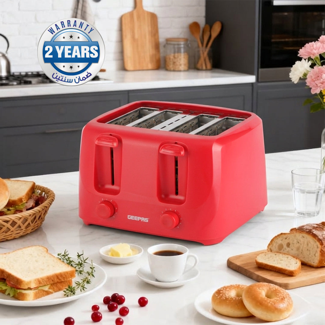 Geepas GBT36549UK-RD 4 Slice Bread Toaster 1400W with 6 Browning Settings | Self-Centering Function | Removable Crumb Tray and Convenient Cord Storage | Easy to Use