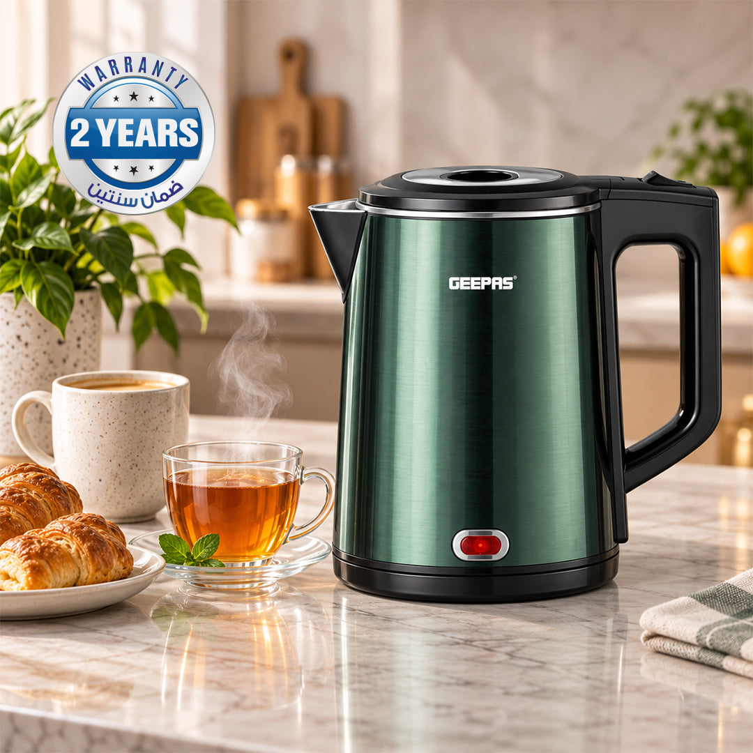 Geepas GK38037 1.8L Double Layer Electric Kettle | 1500W Fast Heating | Boil-Dry Protection & Auto Shut-Off | 360° Rotational Base | Power Indicator Light | Durable