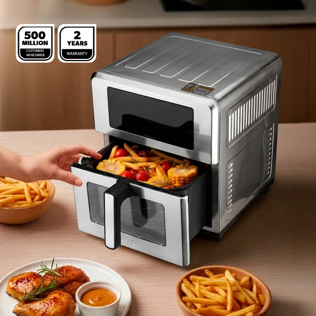 Geepas GAF37546 10L Digital Double Heating Air Fryer | Advanced Vortex Rapid Air Technology |10 Preset Cooking Modes |Touchscreen Display|60-Min Timer & Oil-Free  Cooking
