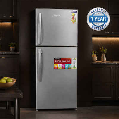 Geepas GRF2209SXE 200L Double Door Defrost Refrigerator | Instant Cooling |138L Net Capacity | Adjustable temperature control | tempered glass shelves | R600a refrigerant