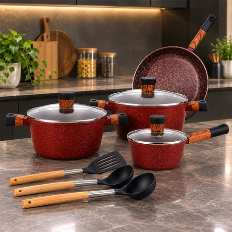 Royalford RF12491 Granite Coated Cookware Set 10 PCS with Lids | Induction Compatible Forged Aluminium Pots, Saucepan, Frypan & Nylon Cooking Tools | Ideal For Daily Use