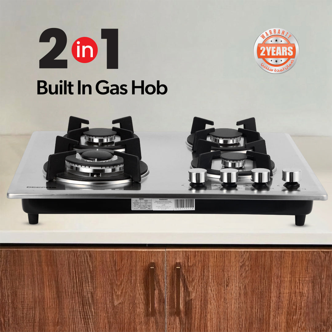 Geepas Built-In Gas Hob GGC31026 | 4 Burner Stainless Steel Gas Stove with Auto Ignition| Durable Cast Iron Pan Support | Easy-to-Clean Design & 2 Years Warranty