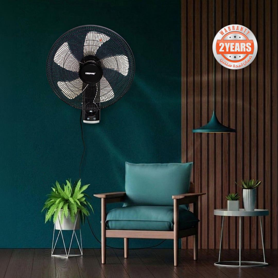 Geepas 18 Inch Wall Fan with Remote Control GF21125 | Powerful Copper Motor| 3 Speed Settings| 5 AS Blades| Oscillation| 7.5h Timer| Self-Protection| 2 Years Warranty