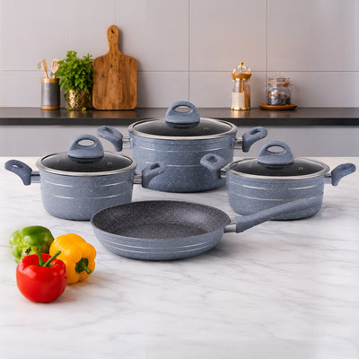 Royalford RF9555 Smart Granite 9 PCS Forged Aluminium Cookware Set with Lids | Durable Design | Marble Coated Interior | 3.8mm Induction Base | Soft Touch Handles