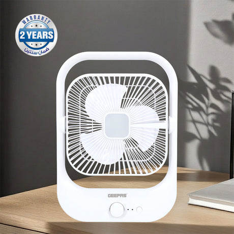 Geepas GF21162 8” Rechargeable Fan with LED Light | 2-Speed Powerful Airflow | Built-in Battery for Power Backup | Portable Design | Adjustable Tilt | 2 Years Warranty