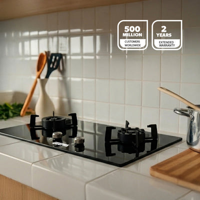Geepas GGC31068FFD 2-in-1 Built-In Glass Gas Hob with Tempered Glass Platform | Strong Cast Iron Burners | Safety Flame Failure Device and Reliable Auto Piezo Ignition