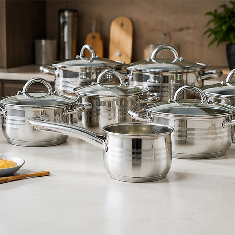 Royalford RF10390 10-Piece Stainless Steel Cookware Set with Glass Lids| Induction Compatible Encapsulated Base| Heavy-Duty Riveted Handles & Durable Satin Finish Design