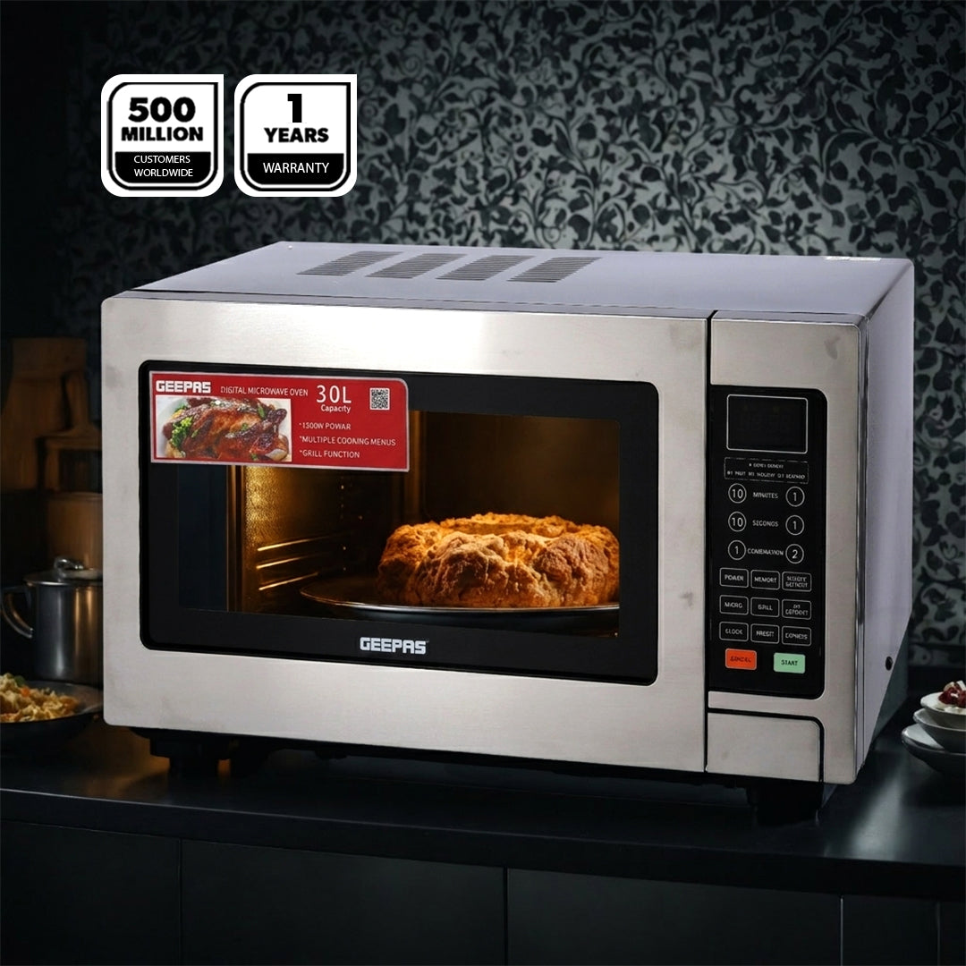 Geepas  Digital Grill Microwave Oven GMO1897 |30L |1000W | Multiple Cooking Menus| Child Safety Lock| Digital Control Panel | Reheating, Defrost & Grill | 1-Year Warranty