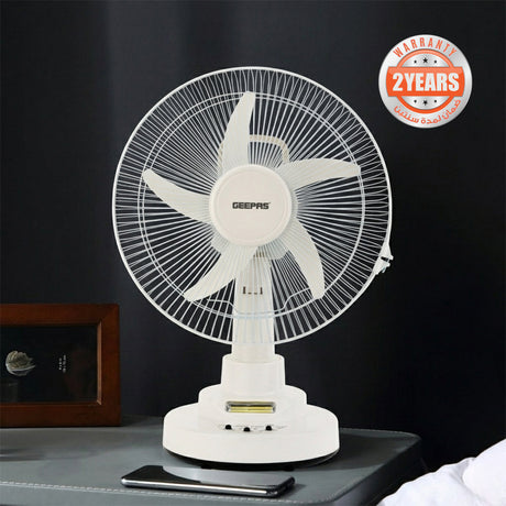 Geepas GF21118 Rechargeable 12-Inch Oscillating Fan | 3-Speed Control | LED Light | Long Battery Backup | Portable Design for Home & Outdoor Use | 2 Years Warranty