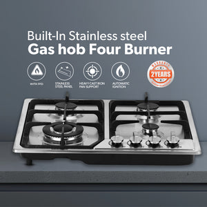 Geepas GGC31051FFD Built-in Stainless Steel Gas Hob | 4 High-Performance Burners | Auto Ignition System | Flame Failure Safety  | Durable Design | 2 Years Warranty