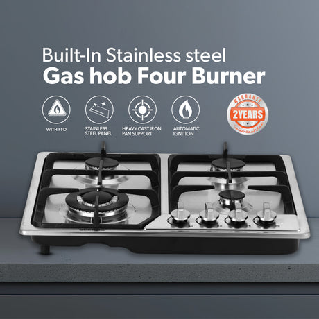 Geepas GGC31051FFD Built-in Stainless Steel Gas Hob | 4 High-Performance Burners | Auto Ignition System | Flame Failure Safety  | Durable Design | 2 Years Warranty