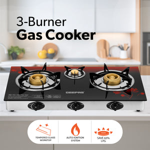 Geepas 3 Burner Gas Cooker GGC31012 |Stainless Steel Frame & Tray, Tempered Glass Top, Iron Burners 100+40+100mm, Auto Piezo Ignition, Low Gas Consumption, 2Year Warranty