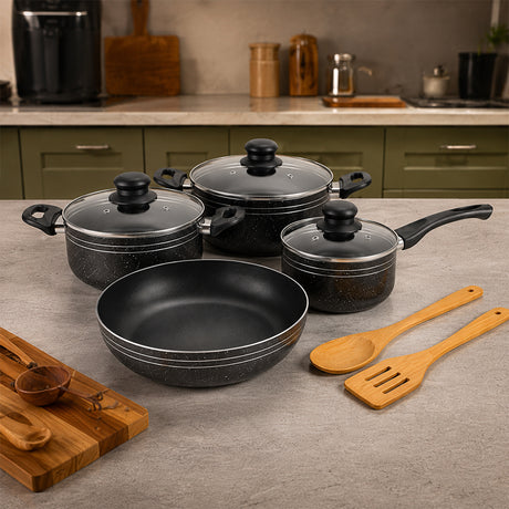 Royalford  RF11759 9 PCS Non-Stick Cookware Set | PFOA-Free Granite Coating| Strong Aluminium Body| Fast-Heating CD Bottom| Tempered Glass Lids & Essential Kitchen Tools