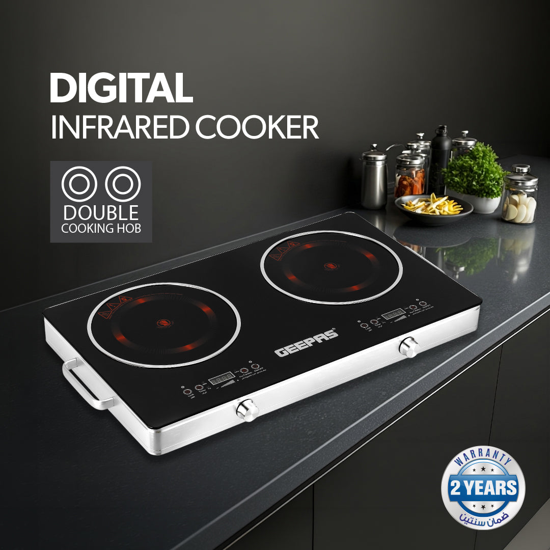 Geepas Digital Infrared Cooker GIC6131 |3600W Double Cooking Hob | Dual Ceramic Plates| Touch & Knob Control| Digital Display| Timer| Safety Protection|  2 Years Warranty
