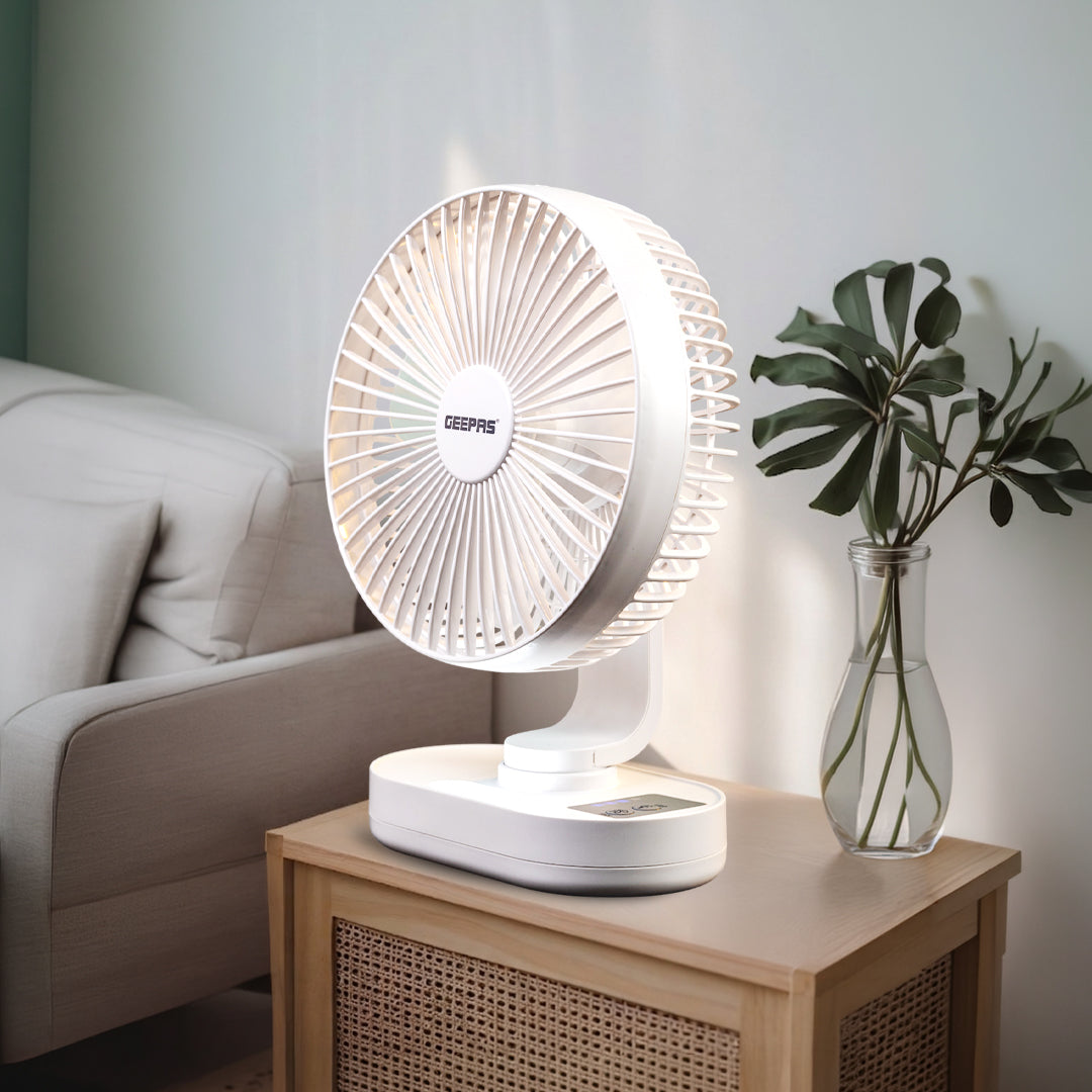Geepas GF21157 8-Inch Rechargeable Fan with LED Night Light |Features 3-speed control |9-hour runtime |lithium battery |3 Blade Fan with Adjustable Head| portable design