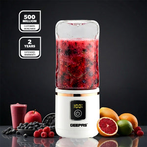 Geepas GSB44058 Rechargeable Portable Blender | 420ml USB Juicer | Digital Display | 6 Stainless Steel Blades Smoothie Maker | Travel, Home & Office Use | Portable Design