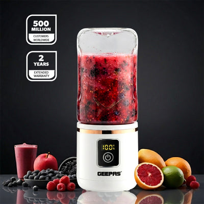 Geepas GSB44058 Rechargeable Portable Blender | 420ml USB Juicer | Digital Display | 6 Stainless Steel Blades Smoothie Maker | Travel, Home & Office Use | Portable Design
