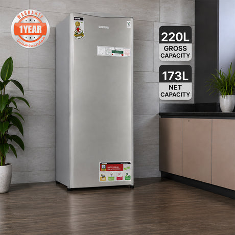 Geepas GRF2050SPE Defrost Single Door Refrigerator |220L Gross Capacity |173L Net Capacity | Quick Cooling Technology |Low Noise Operation |Glass Shelves| Recessed Handle