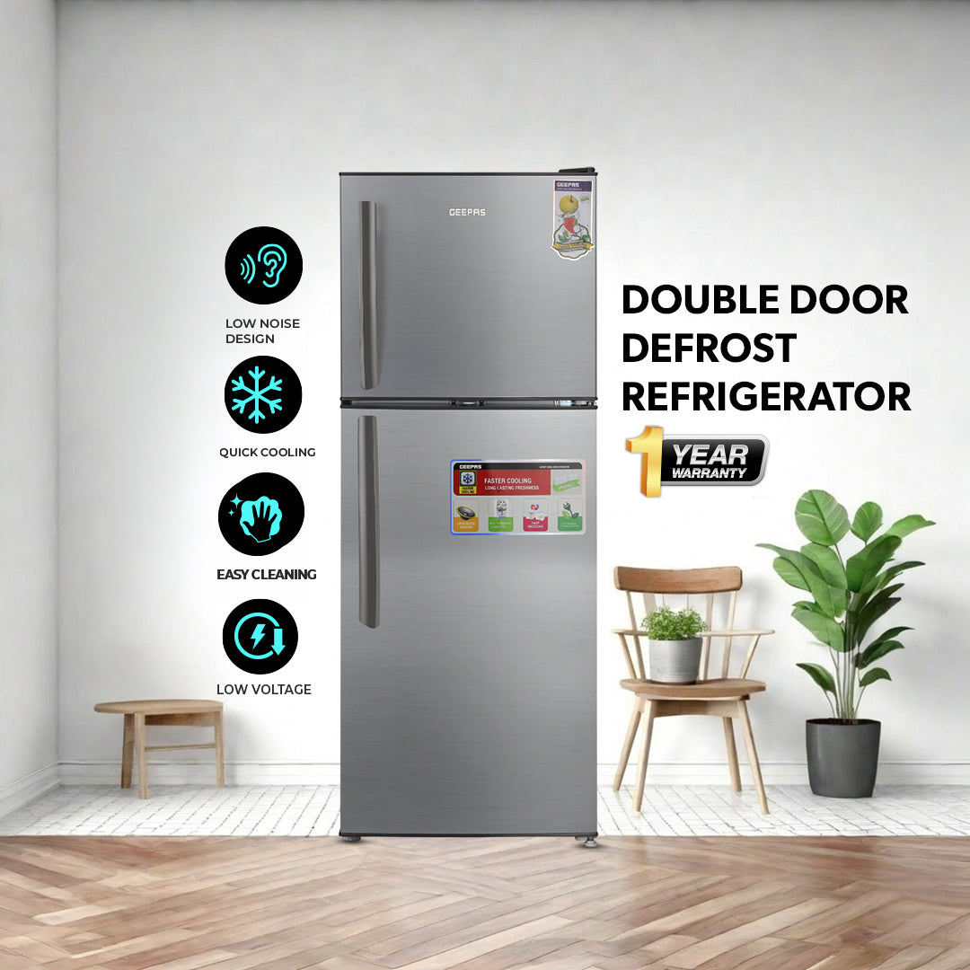 Geepas GRF2209SXE Double Door Defrost Refrigerator | Instant Cooling| Low Noise Operation| Adjustable Temperature Control|  Lock & Key| Silver Finish for Modern Kitchens