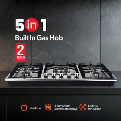 Geepas GGC31043 Built-in Gas Hob | 5 Burner Stainless Steel Hob with Auto Ignition| Flame Safety Device| High Efficiency Burners| Easy Cleaning Design & 2 Years Warranty