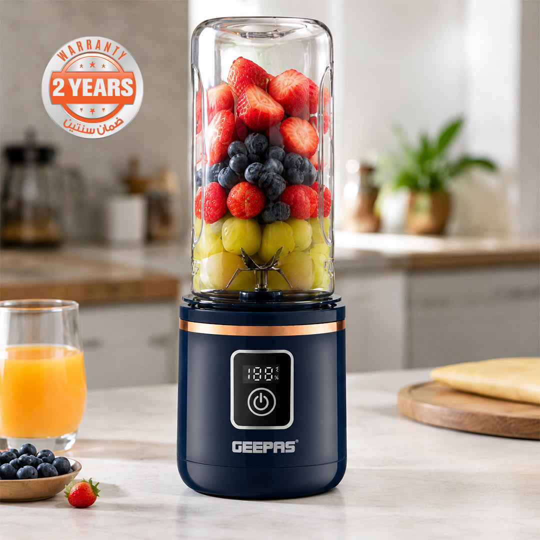 Geepas GSB44058 Rechargeable Portable Blender | 420ml USB Smoothie Blender c Powerful 150W Motor | Digital Battery Display  | USB Type-C Charging | One-Touch Operation