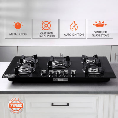 Geepas Glass Gas Hob GGC31011 | 5 Burner Gas Stove with Auto Ignition| Toughened Glass Surface| Cast Iron Pan Support & Powerful Triple Ring Wok Burner| 2 Years Warranty