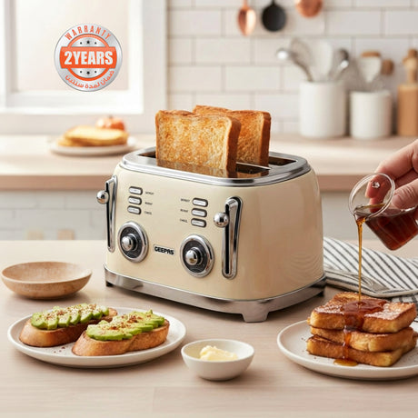 Geepas 4 Slice Toaster GBT36564UK-CR | 1500W Powerful Toaster with 6 Adjustable Browning Levels, Defrost, Reheat & Cancel Functions, Removable Crumb Tray, Cord Storage