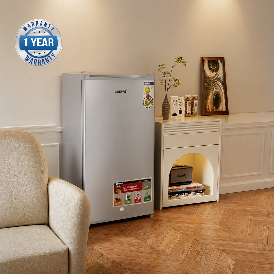 Geepas GRF119SPE 110L Single Door Defrost Refrigerator |92L Net Capacity |Quick Cooling technology |single door design | Mechanical temperature control |R600a refrigerant
