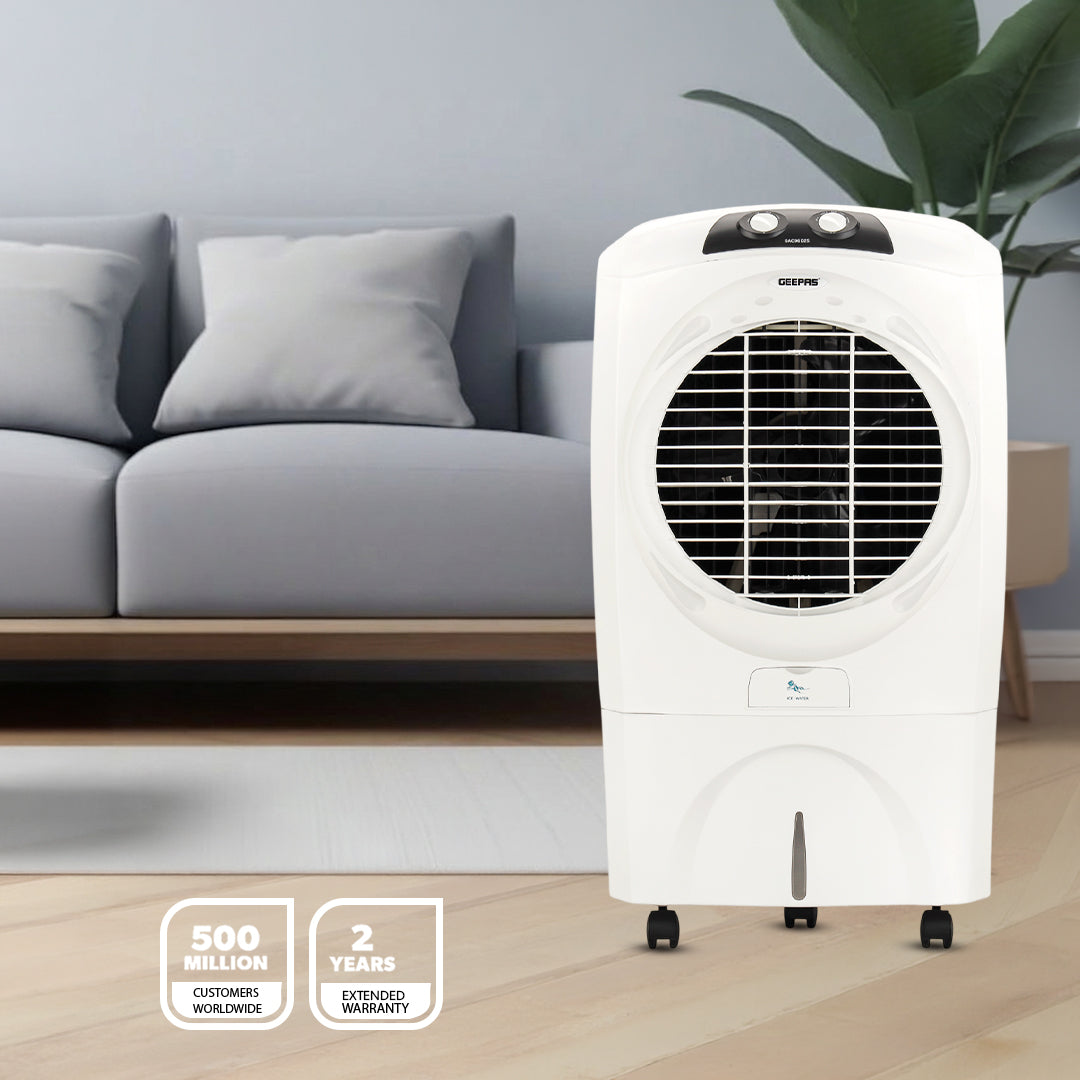 Geepas GAC9602 Air Cooler | 70L Large Water Tank| 150W Power Consumption| Efficient Honeycomb Cooling Pads| Rust Proof Fan| High Airflow Performance| 2 Years Warranty